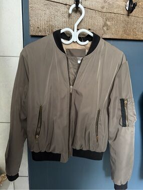 Zara Basic Taupe Bomber Jacket with Black Trim